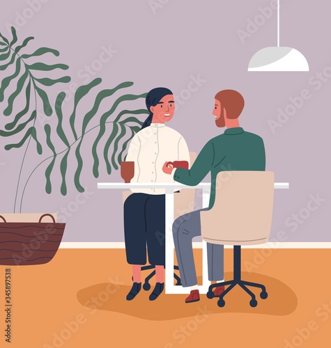 Happy couple drinking coffee at cafeteria together vector flat illustration. Colorful man and woman having date during lunch at cafe. Enamored people talking and smiling having lunch