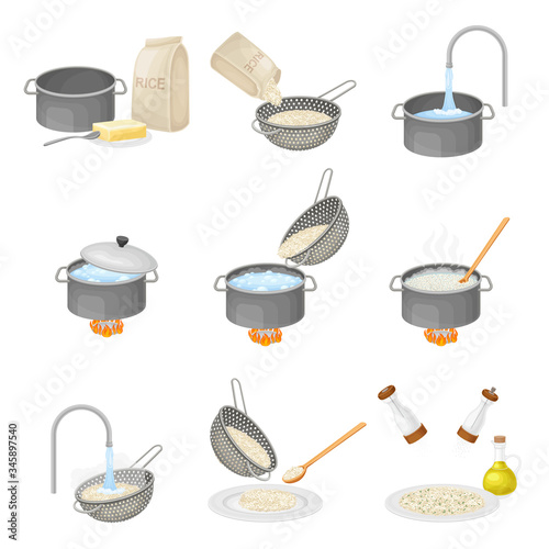 Cooking Rice Process with Head Rice Washing and Poaching on Burner Vector Set