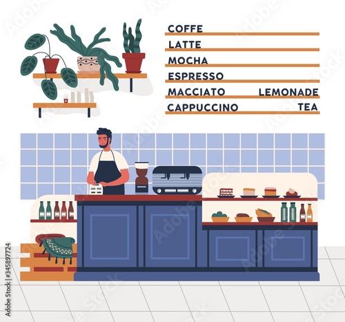 Male barista in apron working at coffeehouse, coffee shop or cafe vector flat illustration. Cartoon man standing at counter preparing hot tasty beverage to go. Guy worker of espresso bar