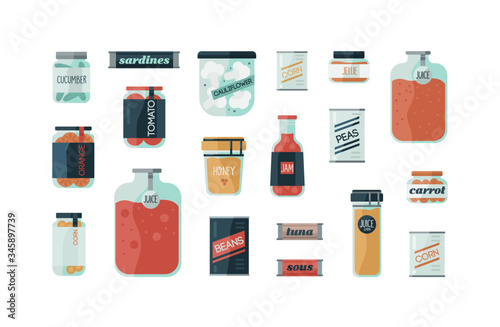 Set of cartoon colorful cans of glass with homemade preserves vector flat illustration