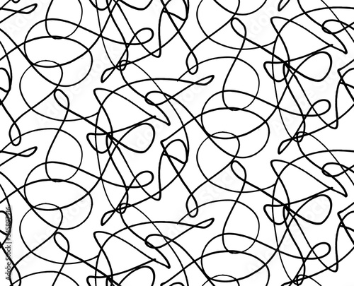 Squiggle pattern, seamless freehand texture. Random intersecting scribble lines. Doodle chaos repeated tile. Black and white vector background.