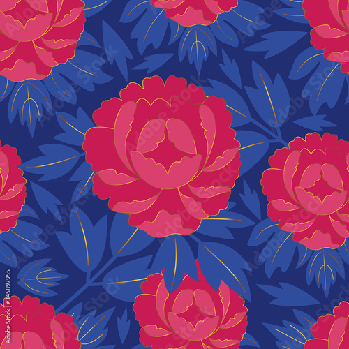 Bright pink Chinese peonies with gold on a dark blue background  seamless pattern. Decorative floral background. Traditional flowers of Asia. Luxury pattern for creating textiles  wallpaper  paper.