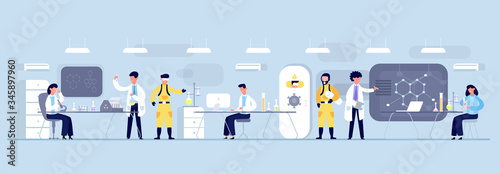 Vaccine development concept. Scientists biochemical laboratory spend bio-genetic tests coronovirus test tubes, analysis research, dna formula, microscope, protective suits. Vector flat illustration.