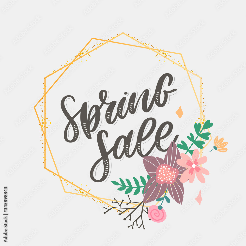 Spring Sale Word Hanging on Leaves with Strings. Vector Illustration flowers