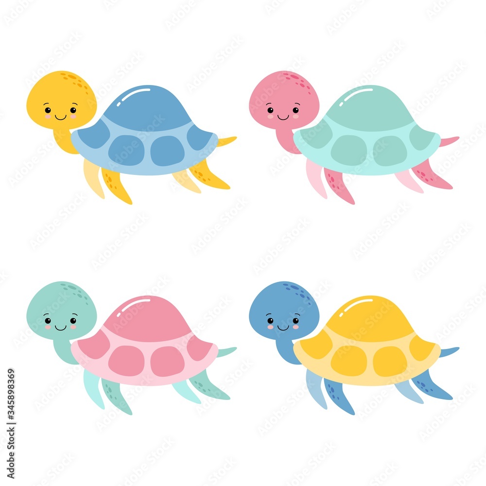 Smiling Happy Cute Turtle Icon Logo Set in Cartoon Style