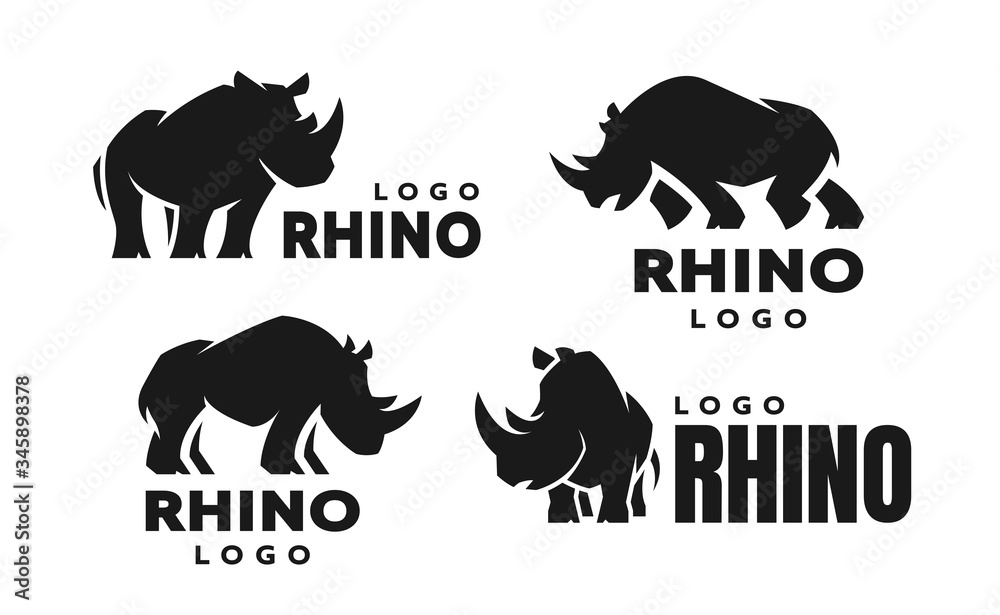 African rhino silhouette. Set of logos. Vector illustration. Stock