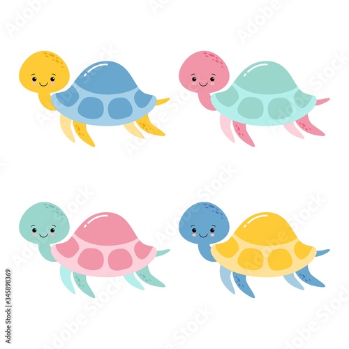 Smiling Happy Cute Turtle Icon Logo Set in Cartoon Style