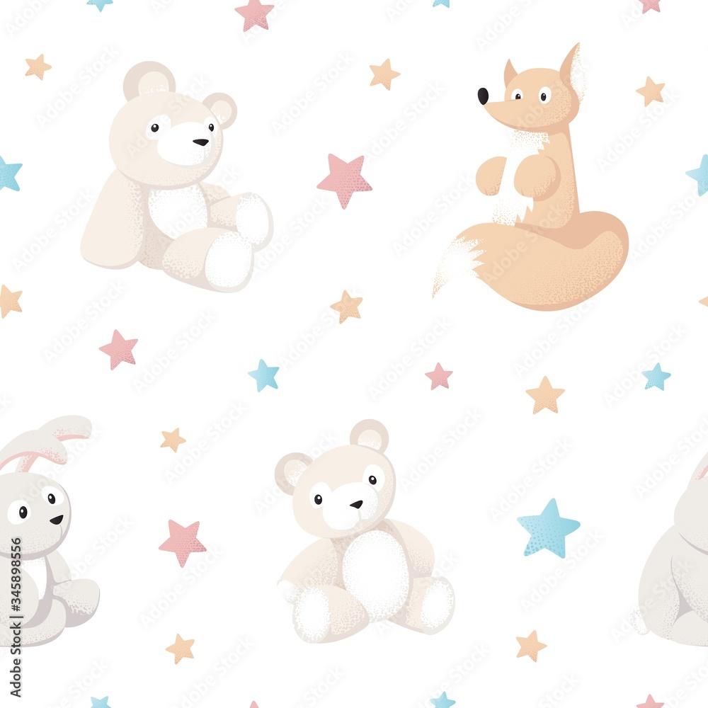 Seamless pattern with forest animals toys on white for baby products