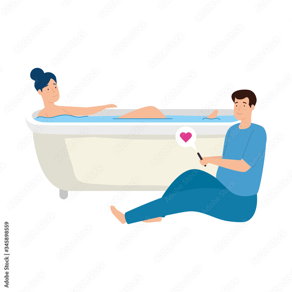 Obraz premium young couple stay at home in bathtub vector illustration design