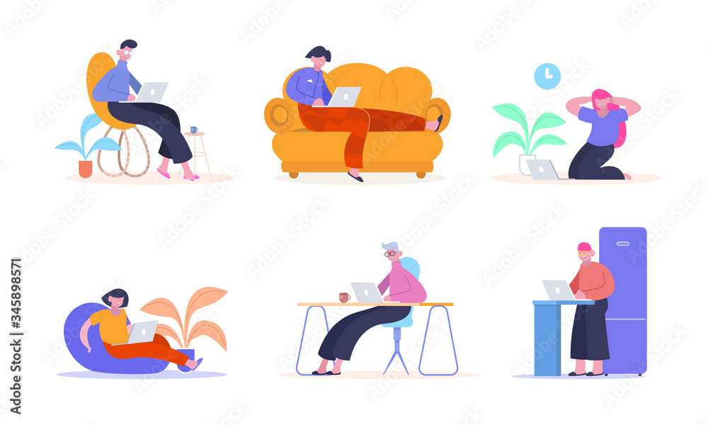 Work from home. People with laptops happily work remotely from home on couch chair ottoman creative color illustration professional freelancers online work. Vector flat style.