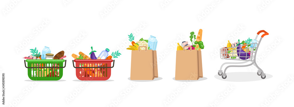 Naklejka Food bag. Basket and paper bag with a grocery set from supermarket market bread milk vegetables fruits meat full trolley with healthy fresh food, online shopping illustration. Vector clipart graphic.