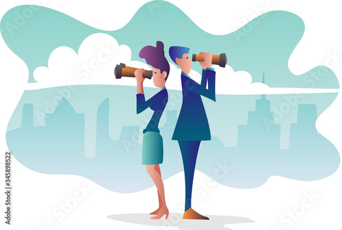 man and woman standing back to back holding a binoculars