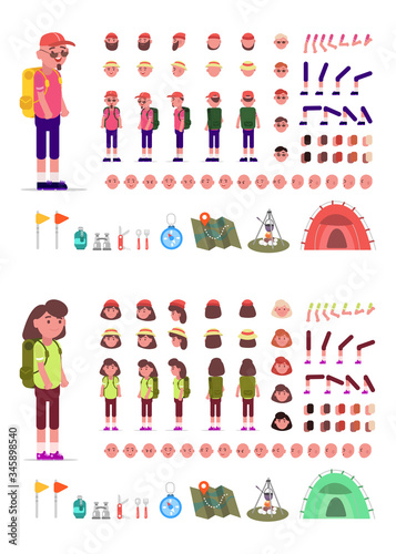 Hiking animation set. Male, female character scenes. Character creation with different look, hat hairstyle pose body parts equipment tourism color animation template. Vector clipart flat.