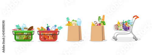Food bag. Basket and paper bag with a grocery set from supermarket market bread milk vegetables fruits meat full trolley with healthy fresh food, online shopping illustration. Vector clipart graphic.
