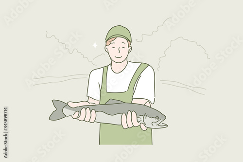 Hobby, fishing, caught concept. Young happy smiling boy angler fisherman cartoon character showing catch and loking straight at camera. Summer holiday recreation and active lifestyle illustration.