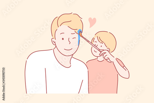 Childhood, fatherhood, game concept. Cartoon characters happy smiling little boy kid child son artist paints with brush on young man father face. Family love and leisure time flat vector illustration.