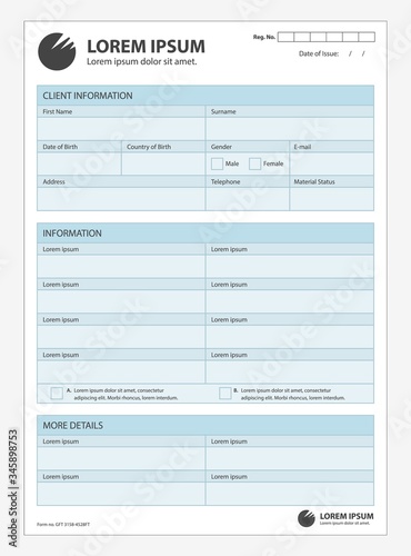 A clean form for customer information. Template document vector on real estate, finance credit mortgage. Collection client statistical studies.