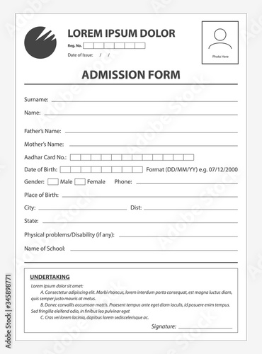 Clean application form for admission. Document concept for business registration, employment. Form for authorization, petition, legal security. Vector graphics in realistic style.