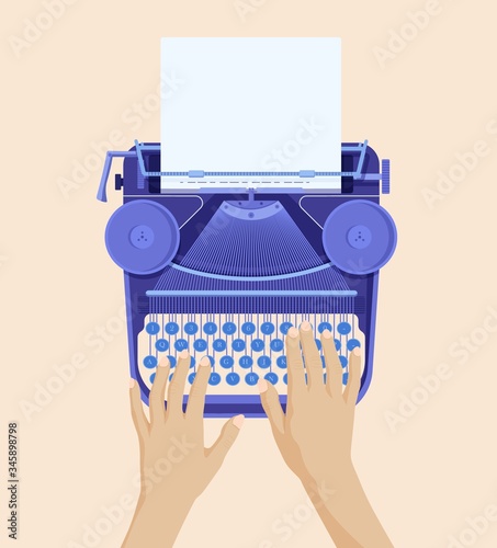 Hands typing on retro typewriter. Printing white paper on old antique tape machine information, vector stories, autobiography, text, stories, short stories, stories, letters clipart.