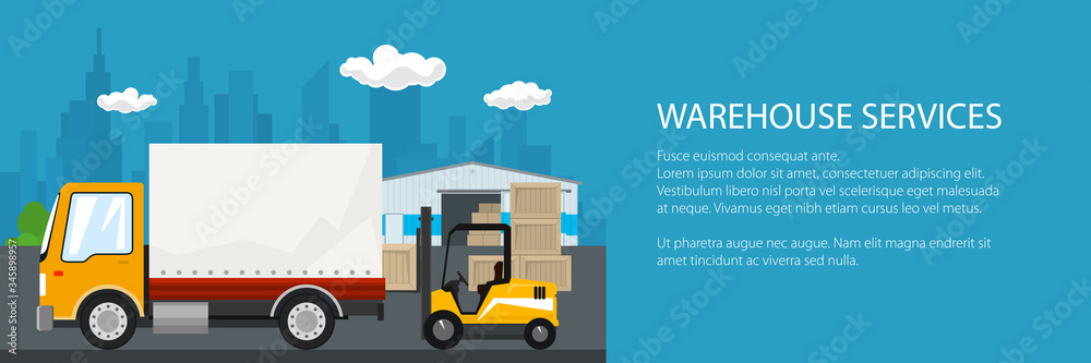 Banner of warehouse and transport services ,warehouse with forklift truck and yellow lorry on the background of the city and text , unloading or loading of goods , vector illustration