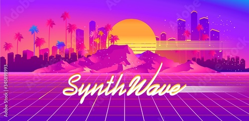 Synthwave cyber landscape with laser grid
