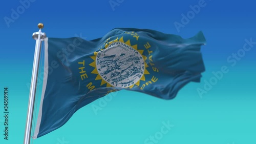 4k South Dakota flag,State in United States America,cloth texture slow seamless loop waving with visible wrinkles in wind USA blue sky background.A fully digital rendering,loops at 20 seconds. photo