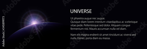 View from space banner, star rises above the planet and text, the sun rising over the earth, rays and glare over the earth , vector illustration