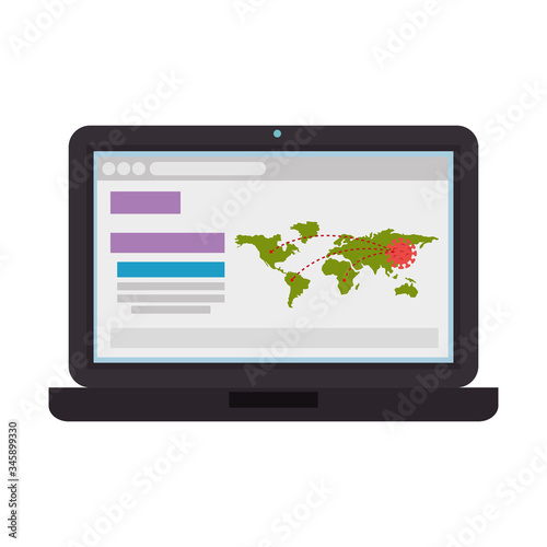 earth maps with covid19 particles in laptop vector illustration design