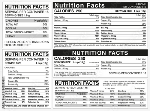 Nutrition facts table indicator of nutritional value. Counting ingredients of various saturated acids vector vitamins with trace lifestyle elements. photo