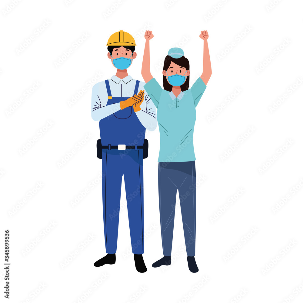 couple workers using face masks for covid19 couple workers using face masks for covid19
