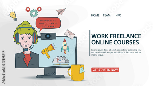 banner remote learning Internet freelancing courses For a Website Or Mobile App Artificial Intelligence Concept outline color Vector Illustration in Doodle style
