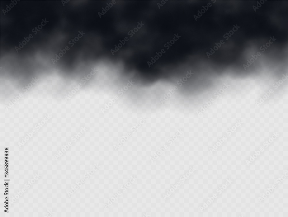 Black smoke cloud, stormy weather. Air pollution concept. Black cloudiness or smog. Realistic thick dark cloud effect. Vector illustration.