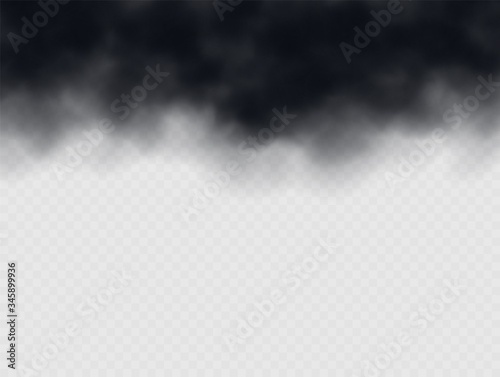 Black smoke cloud, stormy weather. Air pollution concept. Black cloudiness or smog. Realistic thick dark cloud effect. Vector illustration.