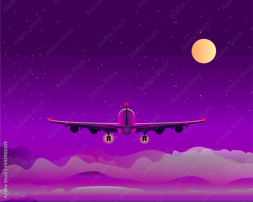The plane flies above the clouds against the background of the moon. Night. Back view. The plane flies above the clouds against the background of the moon. Night. Back view.