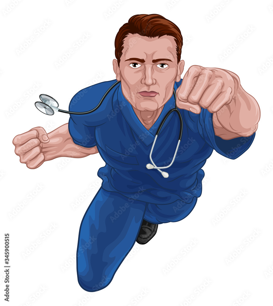 A nurse or doctor super hero in surgical or hospital scrubs uniform with a stethoscope around his neck. Flying in a classic superhero pose. - obrazy, fototapety, plakaty 