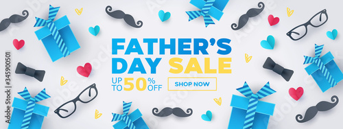 Fathers Day Sale banner, poster or flyer design with origami hearts, gifts, paper mustache, glasses, bow tie. Design template for fashion ads, social media, promotion. Paper art, digital craft style. 