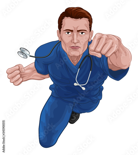 A nurse or doctor super hero in surgical or hospital scrubs uniform with a stethoscope around his neck. Flying in a classic superhero pose.