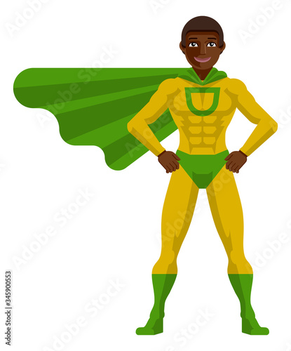 A black superhero cartoon mascot man in his green and yellow super hero costume compete with cape in a flat modern cartoon style