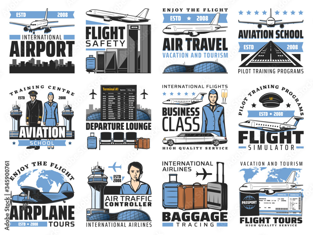 Airport and aviation, aircrew and air travel vector icons. Airplanes, pilot school and flight simulator. Airport air traffic control and baggage tracing service, aviation academy and departure lounge