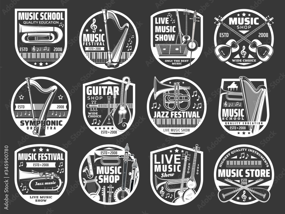 Music shop, jazz and folk live music festival vector icons. Musical instruments store and guitar shop, musician school , orchestra band saxophone, piano and harp, folk mandolin and sitar icons