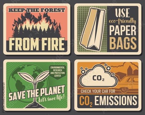 Keep forest from fire and use eco-friendy paper bags. Environment, nature conservation and recycling. Save the planet, protect Earth and stop CO2 emission from cars and air pollution, vector