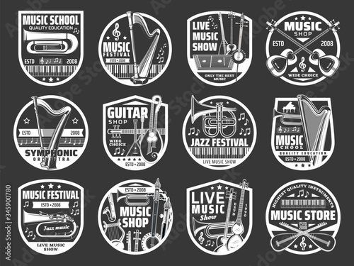 Music shop, jazz and folk live music festival vector icons. Musical instruments store and guitar shop, musician school , orchestra band saxophone, piano and harp, folk mandolin and sitar icons