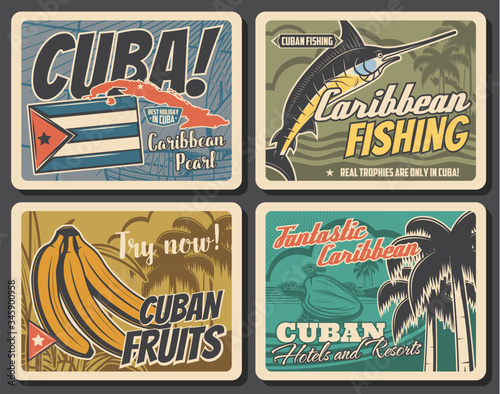 Cuba travel attractions, tourism and Havana city trips vector vintage posters. Cuban sea hotels and ocean beach resorts, Caribbean marlin fishing trips and tropical banana fruits