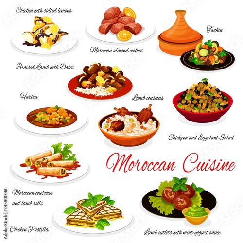 Moroccan cuisine dishes, Morocco authentic restaurant menu, vector food. Moroccan almond cookies, tazhin and harira soup, chickpea with eggplant salad, lamb couscous and chicken pastilla