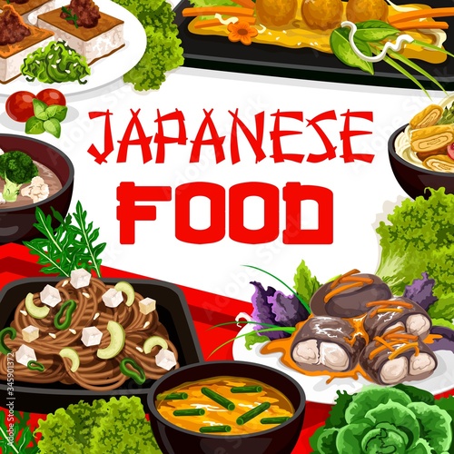 Japanese cuisine food. Japanese otsu salad, kakitama egg jira soup, Japanese mackerel fish and white noodles soup with vegetables mix gomoku somen. Japan restaurant vector menu traditional meals photo