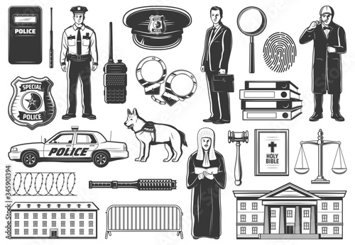 Legislation and justice, police, detective investigation and law judge vector icons. Policeman with badge, lawyer and prosecutor, prison and court, scales and handcuffs, fingerprints and magnifier