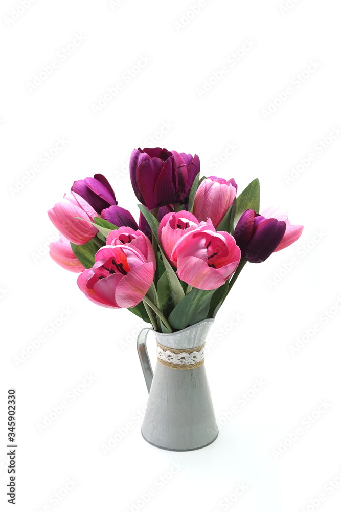 Flowers Bouquet in metal vase isolated on white background Flowers Bouquet in metal vase isolated on white background