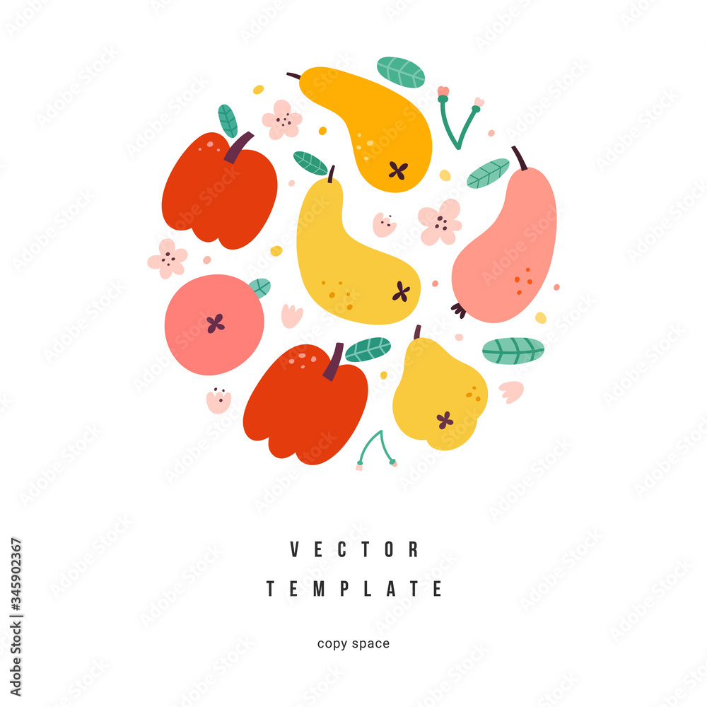 Apple and pear fruits arrangement, sweet summer garden ripe foods, red juicy apples and yellow and pink pear, various fruits composition, modern decorative card, hand drawn illustration, vector art Apple and pear fruits arrangement, sweet summer garden ripe foods, red juicy apples and yellow and pink pear, various fruits composition, modern decorative card, hand drawn illustration, vector art