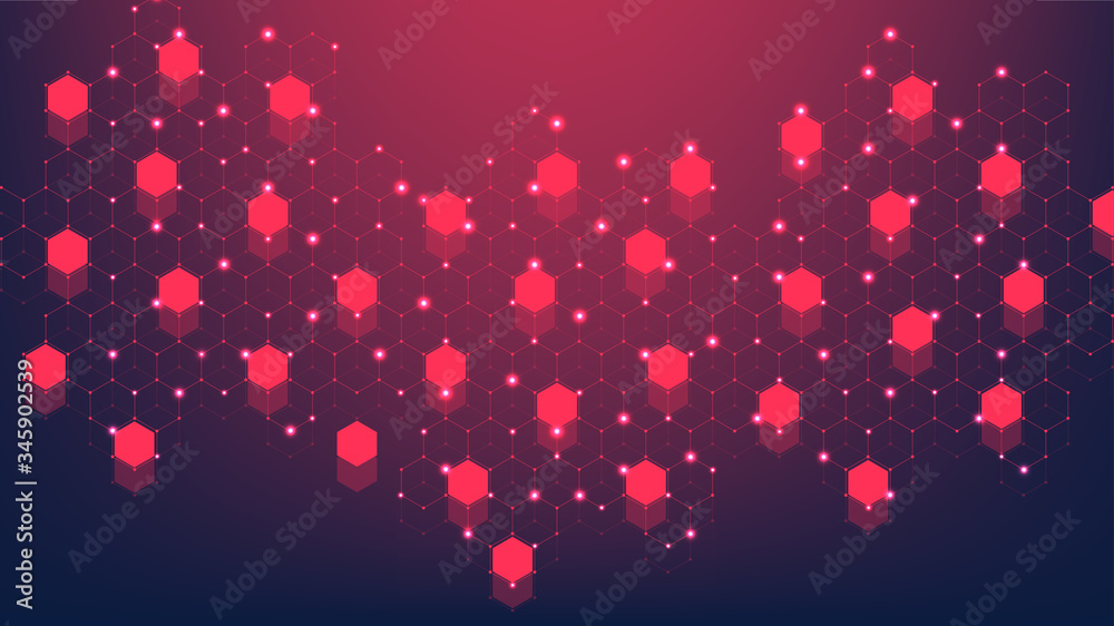 Hexagons abstract grid background with connected lines and dots. Hex digital pattern with subtle polygons. Linear geometric texture. Hexagonal vector illustration.