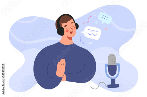 Student making a podcast show, flat cartoon character in headset with microphone, recording a audio program, online media episode, hand drawn vector illustration, guy podcast host